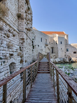 Boardwalk "Passerella sul mare" and bastion called Forte or Fortino. Giovinazzo,  Metropolitan City of Bari, Apulia, Puglia, Italy, Europe
