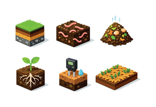 Soil Health. Isometric flat vector icons set of Soil Health: soil layers cross section, earthworms in soil, compost pile, plant roots system, soil moisture