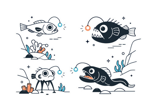 Creatures of the Ocean Trench. Oddly shaped fish with glowing lures and large eyes slowly moving through a deep underwater trench surrounded by rocks and