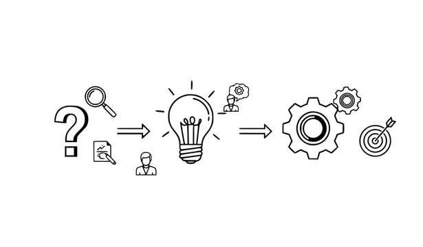 A vector graphic illustration depicting a creative process from idea generation to implementation with various icons and symbols