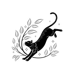 Black cat, jumping cat, feline illustration, animal design, leafy pattern © Umme