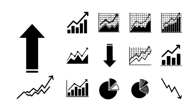 A collection of black and white vector graphic icons depicting various charts and graphs on a white background for business and finance concepts