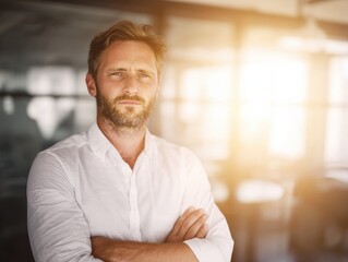 Obraz premium professional man career ambition on a blured office background with natural sunlight