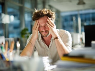 Fototapeta premium corporate man stressed overwhelmed on a blured office background with natural sunlight