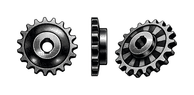 Roller chain sprocket. A steel roller chain sprocket with evenly spaced teeth and a central hub shown as a single object in three views: front view, side