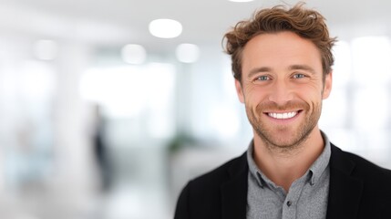 Obraz premium friendly person white background with blured businessbackground and natural sunlight