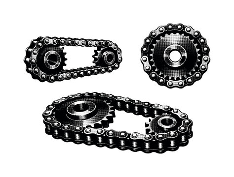 Chain and sprocket system. A metal roller chain wrapped around sprockets displayed in three views capturing link structure and rotational alignment. Black and