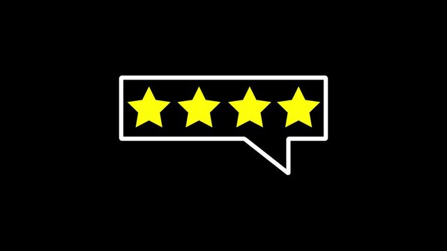 Customer review rating with 4 stars with positive and negative comments. alpha channel, on a black background, Animated Star Rating 4 Stars Review Feedback for Marketplace, with video animation.