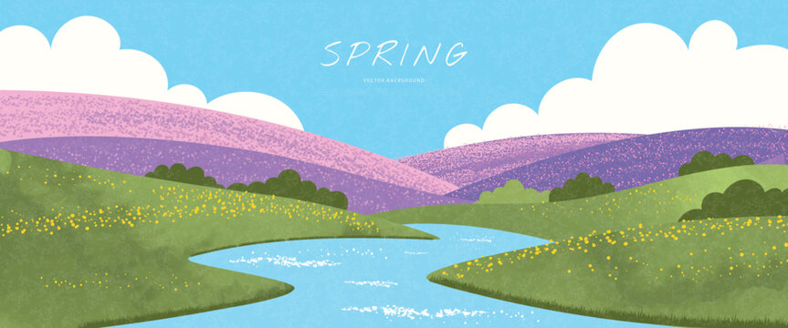 Beautiful spring landscape background with green hills, blooming yellow flowers, river and purple mountains in a modern flat style with grainy texture, vector illustration.