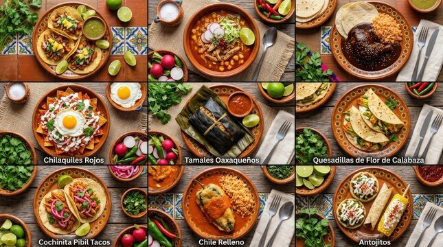A vibrant grid-style collection of beloved Mexican dishes rendered with rich culinary detail, featuring golden crispy tacos al pastor with fresh salsa verde, smoky pozole rojo in a deep terracotta