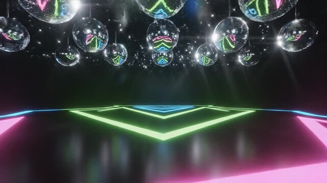 This captures a lively and vibrant disco dance floor with multiple shiny disco balls hanging from the ceiling in a retro party setting, creating a dazzling display of light and color.