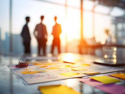corporate team planning strategy on a blured office background with natural sunlight