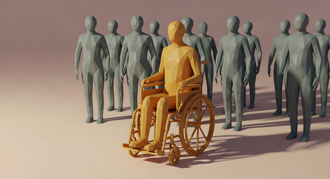 Low poly 3D character in wheelchair leading a crowd | Diversity and inclusion concept with golden figure and grey group | Accessibility and equal opportunity for disabled people | Social leadership em
