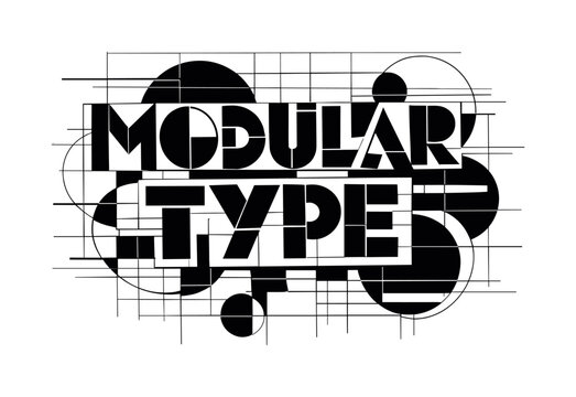 abstract typographic system with modular letters and grid-based layout, geometric lines and circular elements, black and white retro-style typography with