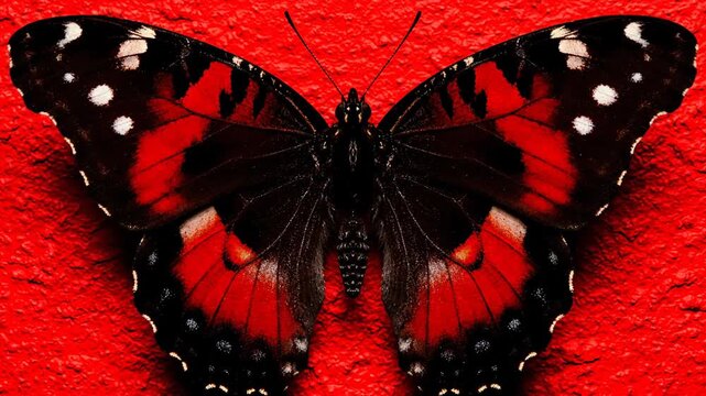 Symmetrical macro image of a butterfly with red and black wings on a textured red background