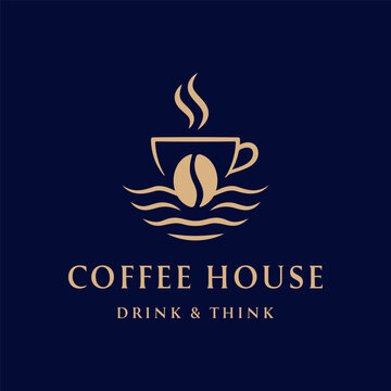 Minimalist coffee house logo design with a cup shaped like a boat sailing on waves and a coffee bean, elegant navy and gold cafe emblem