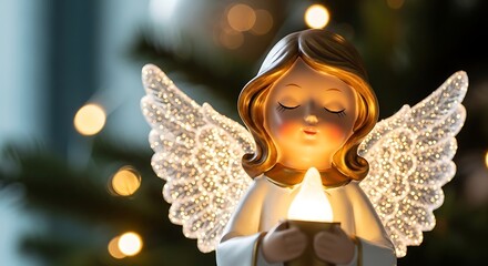 Naklejka premium A serene ceramic angel figurine holding a glowing candle, in front of a blurred Christmas tree