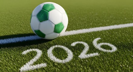 Obraz premium Soccer ball on green field with 2026 chalk drawing futuristic sports concept