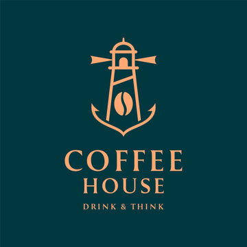 Modern coffee house logo with lighthouse, anchor, and a coffee bean integrated inside, creative cafeteria branding emblem on a teal background.