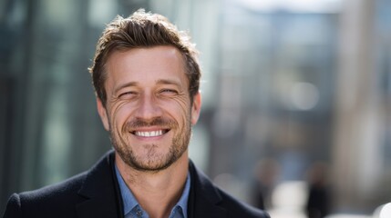 Obraz premium smiling man isolated background with blured businessbackground and natural sunlight