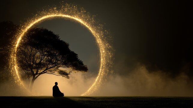 A serene silhouette of a person meditating peacefully beneath a glowing circular light. The tranquil ambiance enhances the connection to nature and inner peace. Perfect for calming themes. AI