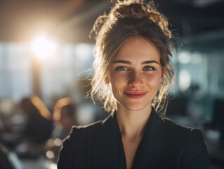 Fototapeta premium confident professional warm smile on a blured office background with natural sunlight