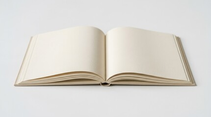 Fototapeta premium A horizontal open book with blank pages displayed on a white background, soft shadows and smooth paper texture, minimal layout for print design, photorealistic composition, shot on Sony A7IV, 85mm