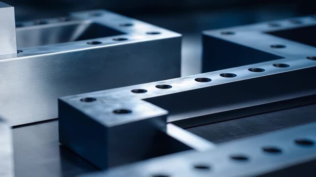 Metal components featuring threaded holes and precision machining details on an industrial manufacturing surface, highlighting engineering design and robust production quality