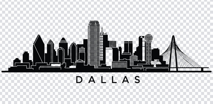 Vector illustration black and white illustration of the dallas city skyline with notable landmarks