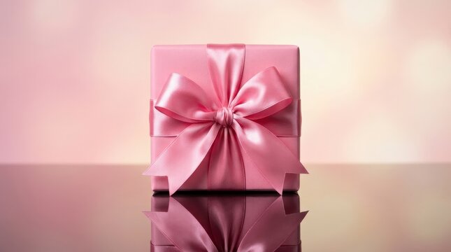 A chic candy-pink gift box tied with a perfectly formed lustrous ribbon bow sits centered on a highly polished reflective surface, its mirror-like reflection doubling the elegant composition, a softly