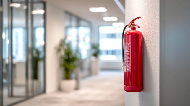 A bright red fire extinguisher hangs on a clean, modern office wall. It stands as a crucial safety feature in a well-lit, open workspace. Office designs can be stylish and functional. AI