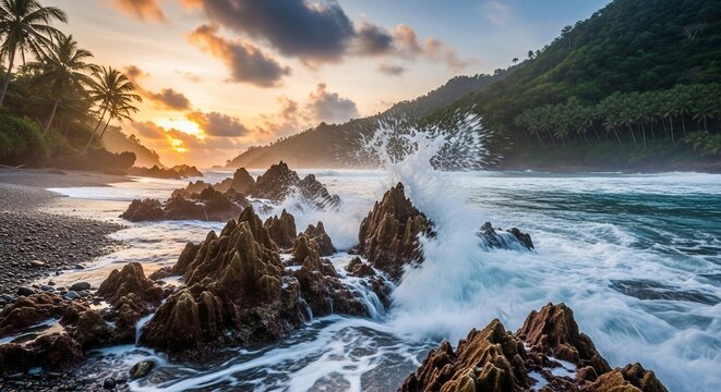 Ocean waves crashing rocky coastline