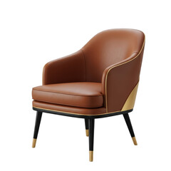 Fototapeta premium A sophisticated brown leather accent chair featuring a curved backrest and elegant gold accents png