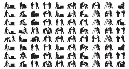 Naklejka premium Logistician Warehouse and Shipping Silhouettes Set Pack. Editable Vector Stroke Illustration. featuring vector, graphic, silhouette, labor, workers, teamwork, moving, logistics, manual, handling more