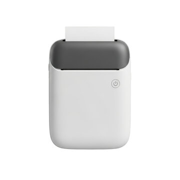 A compact portable thermal label printer with a minimalist white design and a power button icon png