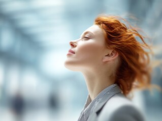 Fototapeta premium successful woman looking up on a blured office background with natural sunlight