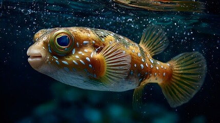 Fototapeta premium Pufferfish swimming underwater in ocean with air bubbles