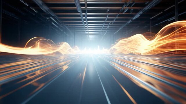 Abstract technology tunnel with glowing orange and blue light waves illustrating data flow, high speed connection, communication, and digital information moving forward
