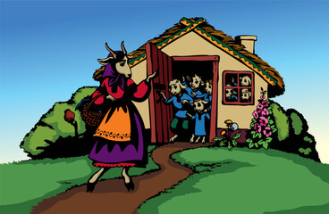 Obraz premium A goat and kids in a house. Vector illustration