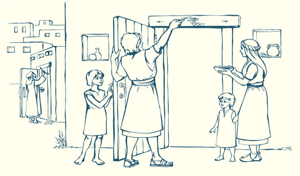 Vector drawing. The family fulfills God's command. Anoints the doorposts with the blood of the lamb