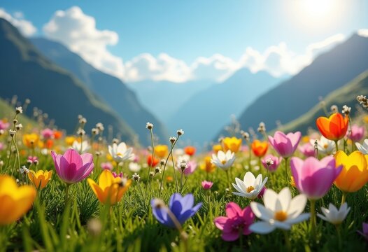 Vibrant Alpine Meadow Flourishing with Colorful Spring Flowers and Sunshine Under Clear Blue Sky