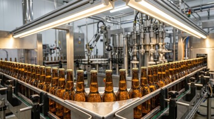Naklejka premium Rows of amber-tinted glass beer bottles gliding along a stainless steel industrial conveyor belt inside a modern automated bottling facility, the bottle caps reflecting bright overhead factory