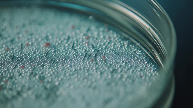 Petri dish close up showing microorganisms like bacteria or cells growing on agar media, essential for microbiology experiments, laboratory analysis, and scientific innovation