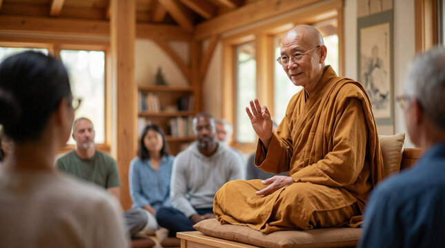 Monk giving Dharma talk to group of attentive listeners indoors for Buddha's Birthday  