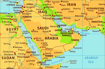 Naklejka premium Vector political, physical, geographical world map. Fragment of asia region with strait of hormuz, iran, kuwait, persian gulf, oman gulf, saudi arabia, qatar, oman, iraq, yemen, united arab emirates.