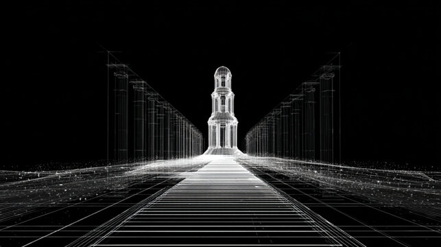 Wireframe Architectural Rendering Of Historic Landmark With Digital Grid Background For Technology And Design Concepts