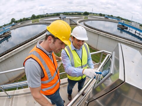 Two male engineers inspecting a control panel at a water treatment plant. Industrial workers in hard hats and safety vests monitoring equipment. Water management and infrastructure concept