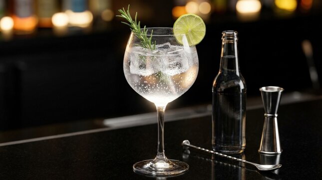 Pristine gin and tonic cocktail in a large stemmed wine glass filled with clear bubbling liquid over square ice cubes, a sprig of fresh rosemary anchored to the rim with a lime wheel, condensation