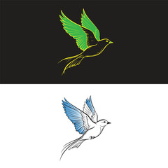 Fototapeta premium Flying Bird Vector Illustration Set with Elegant Line Art in Blue and Yellow Styles on Isolated Background