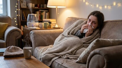 Obraz premium A young woman curled up on a sofa at home, visibly ill with a cold or flu, holding a tissue to her nose while wrapped in a cozy blanket, winter indoor atmosphere, pale complexion and tired eyes